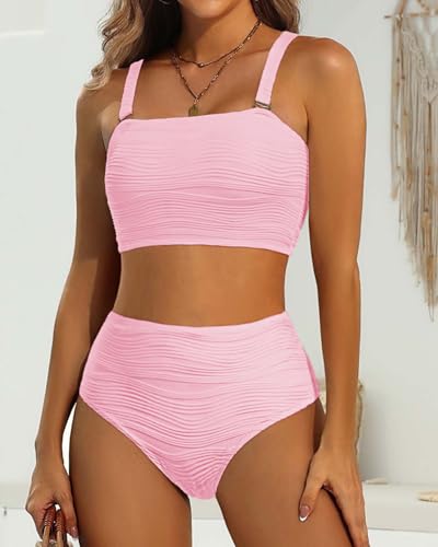 Image of High Waisted Bandeau Bikini Set - Women Strapless Two Piece Swimsuits Ribbed Longline Full Coverage Bathing Suits Swimwear