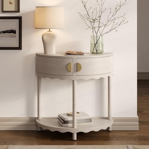 Stead Scalloped Skirt Half Moon Table, Half Round Console Table, Small Entryway Desk with Storage for Narrow Spaces, Modern Home Decor, Living Room Furniture, Solid Wood with Two Doors by Stead - Used condition - US$151.07