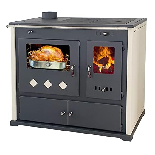 Prometey, Estufa de leña con compartimento y placa de cocción Pracktik Lux Beige izquierda, 9,5 kW, estufa de combustión continua, estufa sueca de taller, cabaña