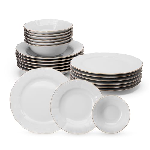 Porland Vajilla de porcelana ondulada, 18 piezas, color blanco y dorado, vajilla completa y elegante para 6 personas