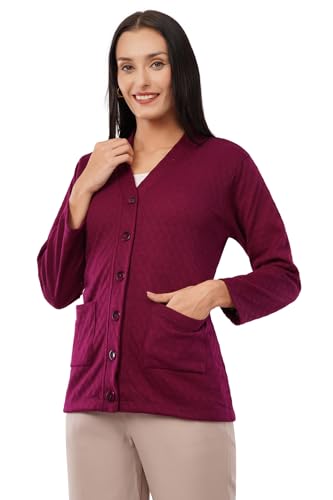 Image of Women Woolen Full Sleeve self Knit v-Neck Sweater Cardigan for Winter wear with Front Pockets Plus
