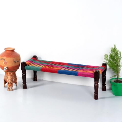 Image of Wooden Bench for Seating | Handcrafted Sheesham Wood Bench for Living Room, Balcony & Garden | Traditional Patio for Outdoor with Cotton Handwoven Rope | Colorful