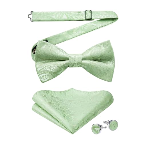 Image of HISDERN Bow Ties for Men Pre-Tied Bow Tie Floral Paisley Handkerchief Classic Formal Bowtie and Pocket Square Cufflinks Set