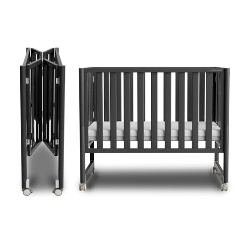 MAMAZING EvoNook 6-in-1 Convertible Mini Crib, 100% New Zealand Pinewood, 4 Adjustable Mattress Heights, Black with Matttress (Crib with Mattress, Black)