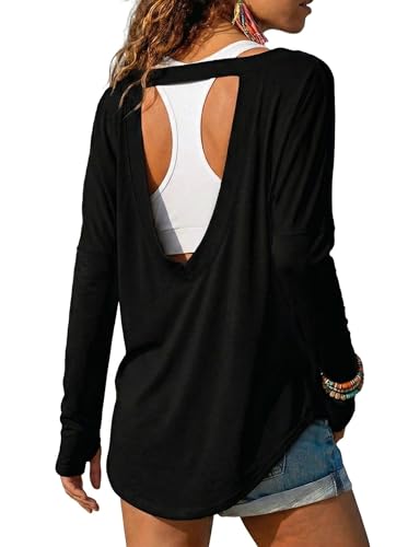 Tankaneo Damen Sportshirt Rückenfrei Langarm Athletisch T-Shirts mit Daumenlöchern Loose Fit Gym Yoga Oberteile Schwarz M