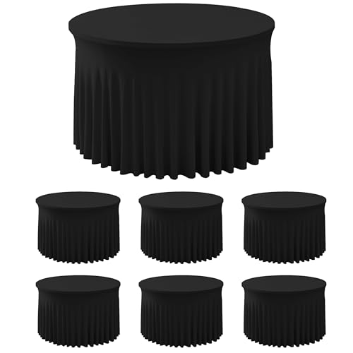 Image of HolidayIdeas 6 Pack Spandex Table Skirt for 60 Inch Round Tables, Black Fitted Stretch Tablecloth for 5 Ft Circular Tables, Wrinkle Resistant Ruffle Design for Wedding Banquets, Parties