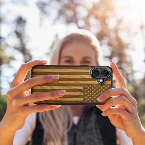 Image of Carveit Wood Case for iPhone 16 Plus, The Classic American Flag, Cherry | Magnetic iPhone 16 Plus Case Compatible with MagSafe Wireless Chargers, Engraved Wood with Soft TPU Shockproof Bumper