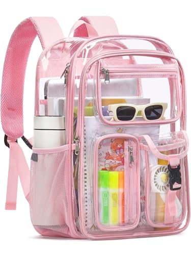 Image of Double-Layer Clear Backpack Heavy Duty, 17 Inch Large Clear Bookbag, Transparent See Through Backpack For School, Work, College, Travel, Sport- Pink