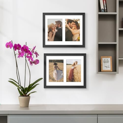Image of DUENPY 8x10 Double Picture Frame White Mat For Displaying Two 4x6 Pictures, Photo Frame for Wall Mounting or Tabletop, Black.