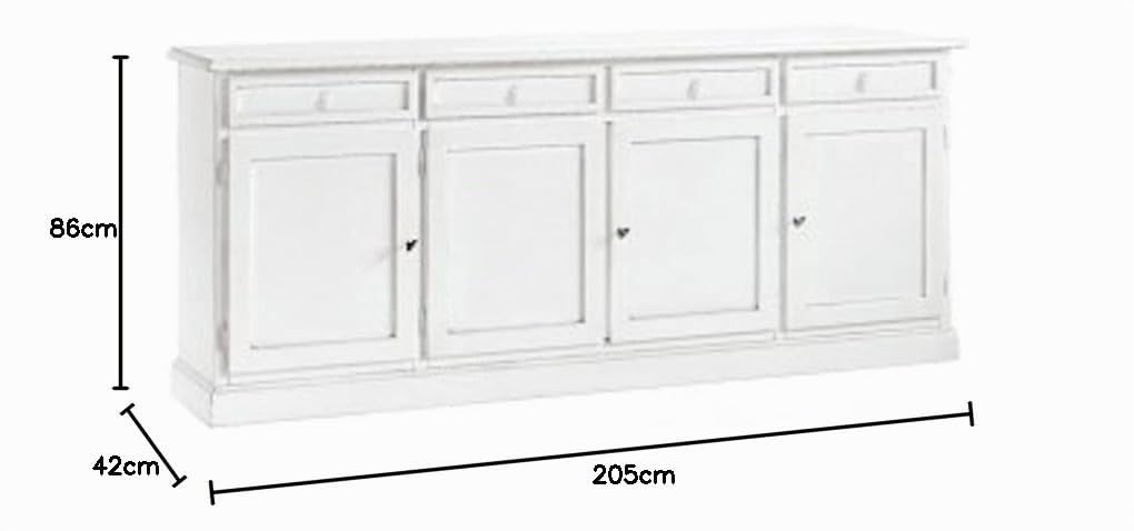 Mar.c.a. Design - Buffet Bois 205 cm 4 Portes 4 Tiroirs - Bahut Salle à Manger Style Classique Blanc - Made in Italy