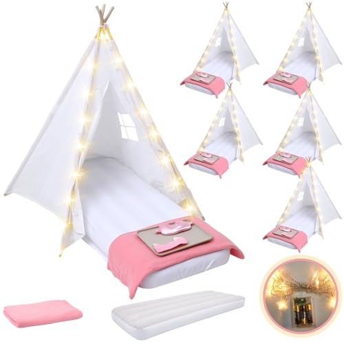 Windyun 6 Pack Kids Teepee Tent Bulk with Light and Inflatable Airbed, Natural Cotton Toddler Play Tent Washable for Girls Boys Indoor Outdoor Slumber Party Birthday Gifts (White)