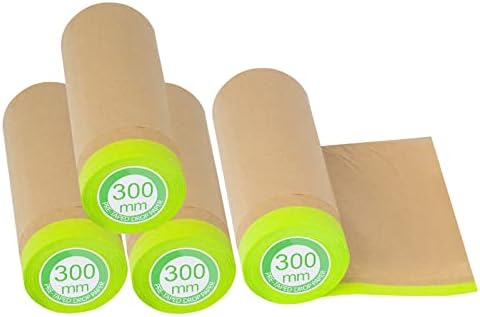 Pre-Taped Masking Paper for Painting - 12 inch x 50 feet Tape and Drape Painters Paper, Paint Adhesive Protective Paper Roll for Covering Skirting, Frames, Cars and Auto Body (4 Rolls)
