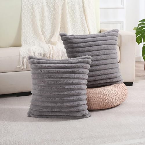 Image of MONKDECOR Single Sided Faux Fur Plush Throw Pillow Covers 12x12 Set of 1 Fuzzy Striped Soft Cozy Pillowcase Luxury Decorative Pillows Square Shaggy Cushion Covers for Couch Sofa Bed, Grey Color
