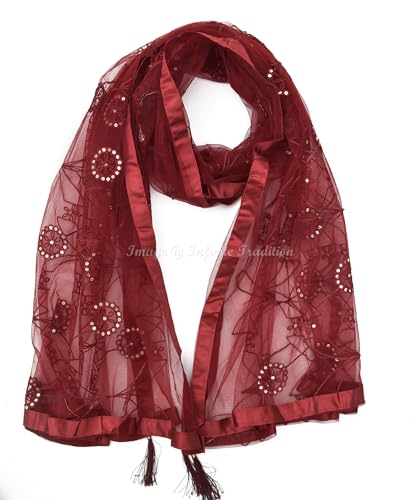 Dupatta for Women/Girl Soft Light weight Embroidered with Sequins Set of 2 Net Chunni/Dupatta/Neck Scarf Burgundy 85x44 Inch - 2 Piece3