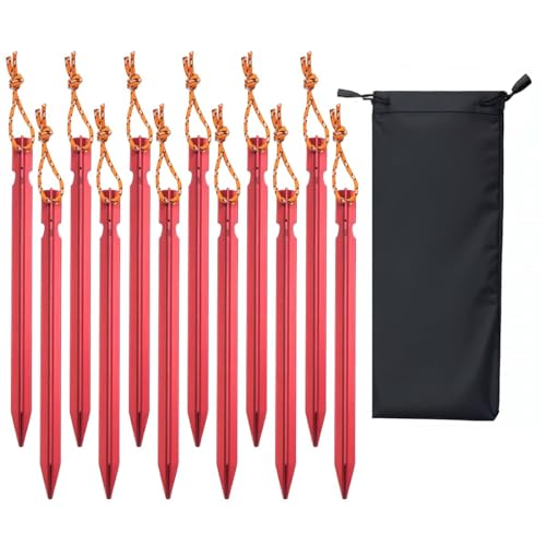 Keovoker 12 Pack Tent Stakes, 7-inch Ultralight Aluminum Ground Pegs with Reflective Pull Ropes, Tri-Beam Stake in a Carrying Bag, for Camping, Backpacking, Hiking, Hammocks and Canopy, Red
