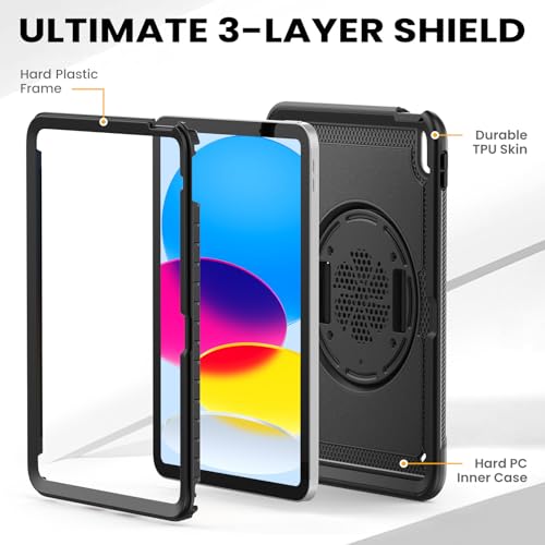 Coque iPad 10ème génération 2022 antichoc noire avec support et dragonne