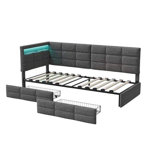 Polsterbett Schlafsofa 90x200 mit 2 Schubladen, Tagesbett Einzelbett mit LED-Licht und USB-Ladeanschluss, Multifunktional Daybett mit Lattenrost und Kopfteile, Leinen (Grau, 90x200cm)