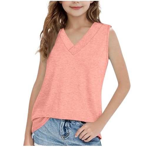 Girls V Neck Tank Tops Cotton Sleeveless T-Shirt Elegant Tunic Blouse Oversized Tees Solid Athletic T-Shirt Trendy Tops