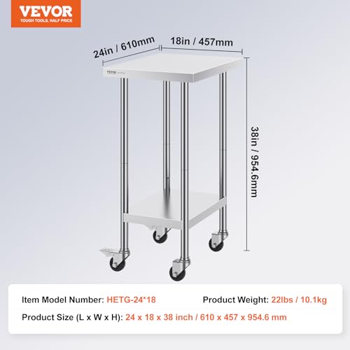 Image of VEVOR Stainless Steel Work Table 24 x 18 x 38 Inch, with 4 Wheels, 3 Adjustable Height Levels, Heavy Duty Food Prep Worktable for Commercial Kitchen Restaurant, Silver