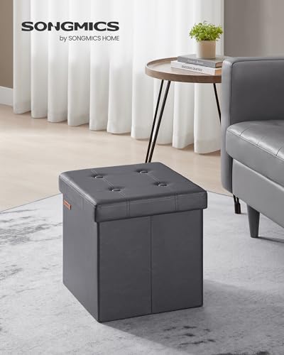 SONGMICS Puof Contenitore da 38 cm, Cassapanca Pieghevole, Poggiapiedi, PU, Portante di 300 kg, per Ingresso, Soggiorno, Camera da Letto, Grigio Ardesia LSF030G11 - Immagine 1