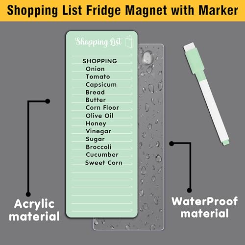 Image of Clickedin Magnetic Shopping List Grocery Fridge Magnet, 10x24 cm Acrylic Board with Marker (Light Green)