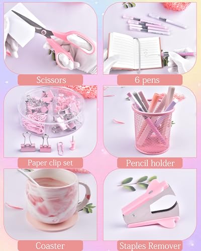 23pc Pink Desk Accessories and Organizers With Mesh Organizer Stapler Tape Dispenser Calculator and a Lot of Office Pink Office Supplies Beautifully Presented in a Gift Box - Image 6