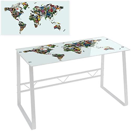 BAKAJI Scrivania Tavolo Lavoro Porta Pc Computer in Vetro Opaco Decorazione Mappamondo Multicolore, con Struttura in Acciaio Inox Nero Arredamento Casa Ufficio Cameretta Dimensione 120 x 60 x 75 cm