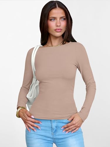 Image of ANRABESS Women's Boat Neck Long Sleeve Shirts Rib Knit Slim Fitting Tops Basic Tees 2026 Casual Comfy Fall Outfits Clothes