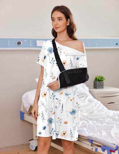 Image of Deyeek Women's Post Shoulder Surgery Hospital Gowns Tear Away Short Sleeve Full Open Side Snap Adaptive Clothing Nightgowns