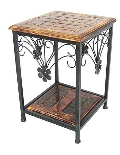 Furniture Hub Wooden & Wrought Iron Stool for Living Room Side Table & Garden