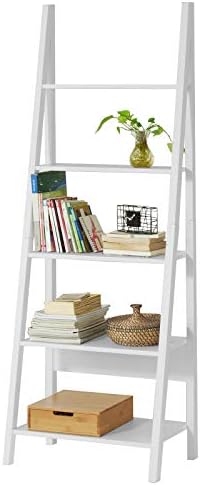 Haotian FRG61-W, White Modern 5 Tiers Ladder Shelf Bookcase, Storage Display Shelving, Wall Shelf