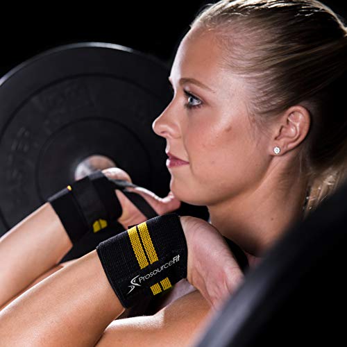 Image of ProsourceFit Pair of Barbell Weight Lifting Wrist Wraps Support with Thumb Loop, Yellow