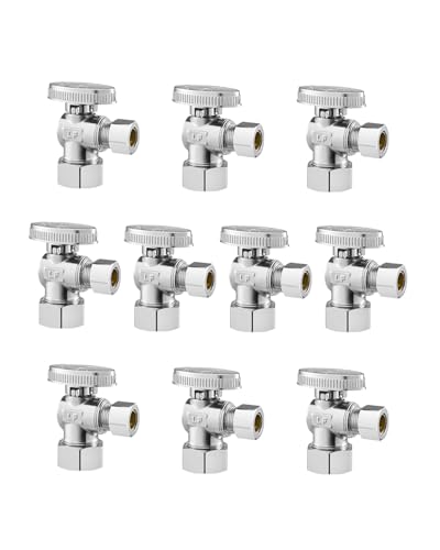VEVOR 10-Pack Angle Stop Valve 1/4 Turn Water Shut Off Valves 1/2 Nominal (5/8 OD) Compression Inlet x 3/8 OD Compression Outlet Shutoff Valve for Bathroom Kitchen Toilet Shower Plumbing