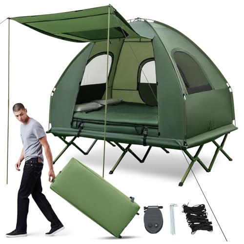 COSTWAY 5 in 1 Feldbett mit Zelt für 2 Personen Campingbett mit Luftmatratze Kissen Schlafsack Sonnenschutz & Rolltasche Campingliege wasserdicht & tragbar 300 kg Tragekraft 194 x 145 x 185 cm