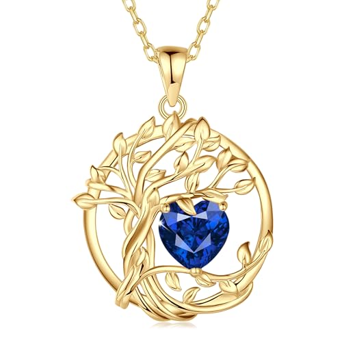FANCIME Collier Pendentif Arbre de Vie Femme, Pendentif Arbre Plaqué Or 14K avec Pierres de Saphir, Bijou Cadeau Anniversaire pour Elle, Longueur de Chaîne :...