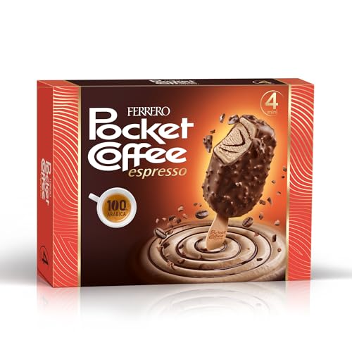 Pocket Coffee Gelato - 4 Mini Stecchi Gelato al Caffè, Ricoperto di Cioccolato al Latte e Pepite al Caffè, Ottimo a Merenda, Confezione da 164 Grammi