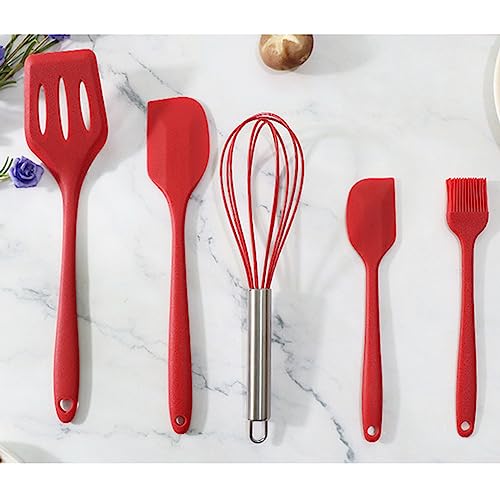 Silicone Rubber Kitchen Supplies Set Baking Tools 5PCS (Small Scraper + Large Scraper + Egg Beater + Leak Spatula + Small Oil Brush) Red - Image 3