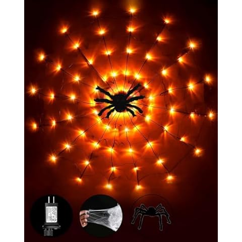 Halloween Decorations 8.2FT Spider Web Lights String Lights for Outside, 96LED Waterproof Plugin Net Lights with 8 Modes & Timer, Light Up for Home Party Indoor Outdoor Garden Yard Decor(Orange) Cover