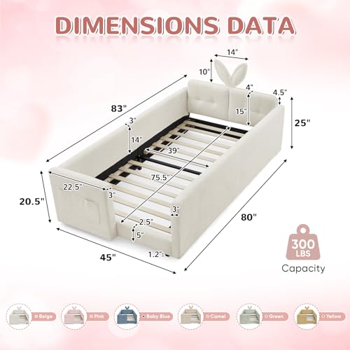 Image of Twin Size Kids Bed with Rabbit Ear Headboard, Upholstered Boucle Fabric Twin Daybed with Slats Support & Side Pockets, Space-Saving Wooden Corner Sofa Couch Bed Frame for Girls, Boys, Teenager(Beige)