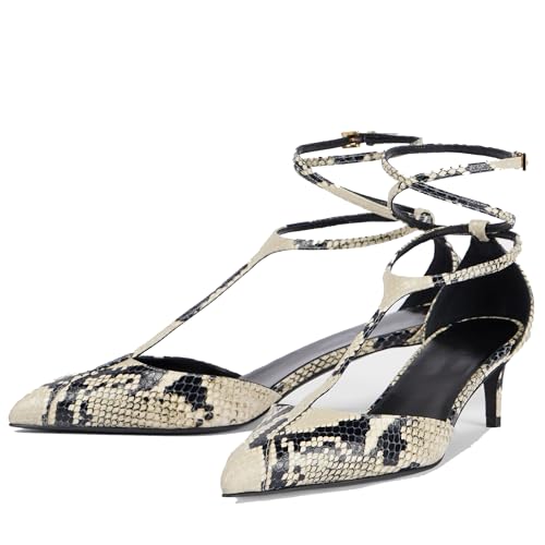 Arqa Women's T-strap Pumps Ribbon Bands Loop Ankle with Gold Buckle Pointed Toe Kitten Heel Sandals Elegant Wedding Party Dressy Low Heels