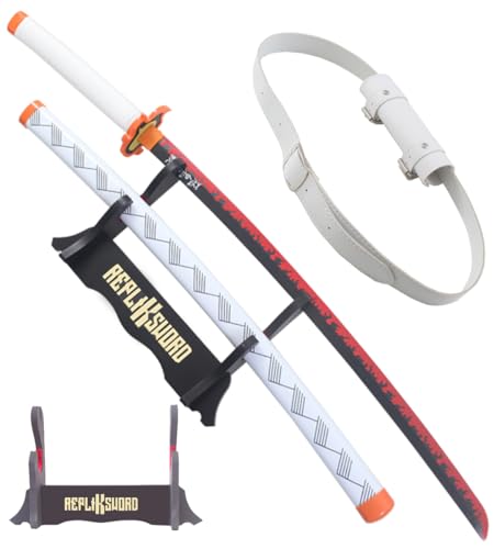 Demon Slayer Katana Rengoku en Bois Lame Decoration Sabre Kyojuro Rengoku Epee Kimetsu No Yaiba Sabre Cosplay + Presentoir Bois Inclus + Ceinturon Blanc Porte...