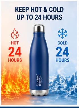 Image of CLASSIC ESSENTIALS Insulated Double Wall Vacuum Stainless Steel Water Bottle 24 Hours Hot and Cold,BIS Approved,100% Leakproof Lid,Sweat Proof Water Bottles, Great for Travel Picnic (Blue,1000ml)