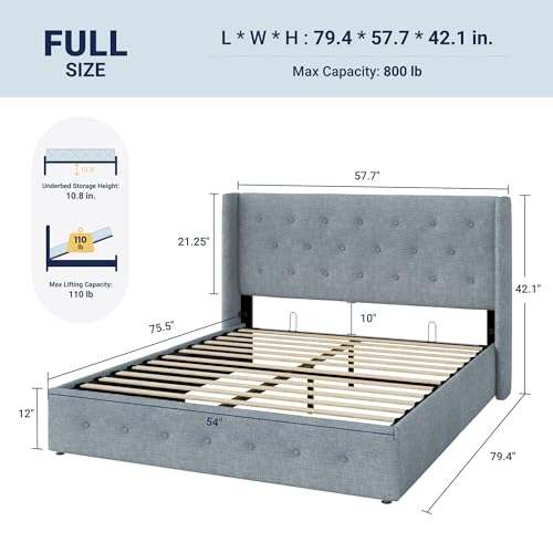 Image of Allewie Full Size Lift Up Storage Bed, Button Tufted Headboard with Wingback, Hydraulic Support, No Box Spring Needed, Grey Blue