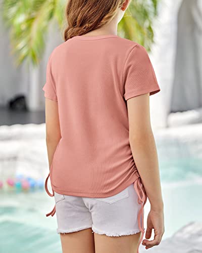 Image of Imily Bela Girls Tees Shirts Cute Crew Neck Short Sleeve Side Drawstring Solid Tops Kids Children Summer Clothes