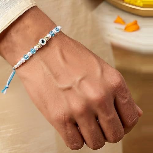 Image of Peora Evil Eye & Crystals Studded Rakhi for Brother Bhaiya | Red Thread | Raksha Bandhan Hamper with Roli Chawal Greeting Card