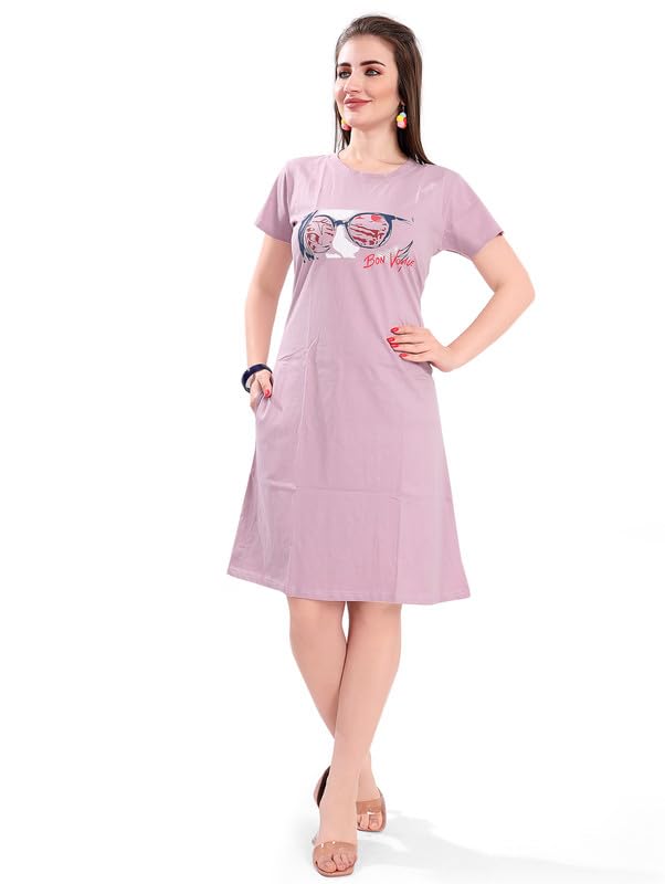 Image of Printed Knee Length Pocket Night Dresses for Women | Cat Lovers | Premium Soft Cotton Nighty | Sky Blue