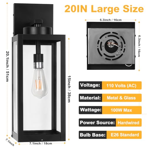 Image of 20 inch Large Outdoor Wall Lights with Closed Bottom, Black Outdoor Wall Sconce | Waterproof Exterior Lighting Fixtures Modern Porch Wall Lantern, Outdoor Light Fixture Coach Light for House, E26, 2-Pack