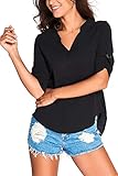 Dokotoo Womens Casual Chiffon Ladies V-Neck Cuffed Sleeve Blouse Tops Small Black