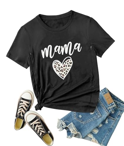 Image of Women Maternity Nursing Shirt Funny Mama Shirt Cute Leopard Heart Graphic Tees Friendly Zip Maternity Breastfeeding Tops