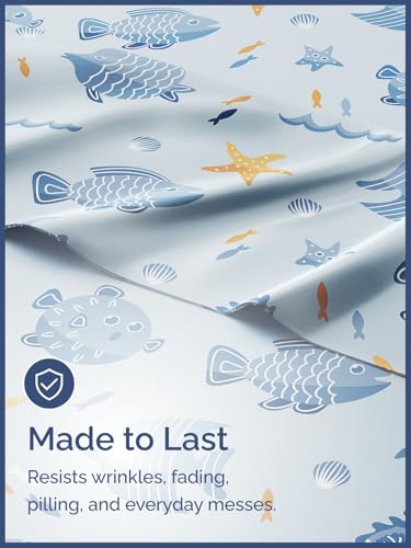 Image of Kids Queen Size Blue Fish Bed Sheets - 4 Piece Kids Blue Fish Sheet Set | Blue Fish Themed Bedding, Ultra-Soft, Cute & Cozy, Breathable & Machine Washable, Bed Set for Boys, Girls & Teens, Breathable
